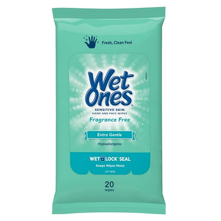 Wet Ones Sensitive Skin Hands & Face Wipes, 20 Count Travel Pack (Pack of 10) 200 WipesTotal