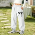 thumbnail image 2 of Girls High Waisted Uniform Jogger Pants Elastic Waist Drawstring Jogger Pants Cute Bow Printed Sports Pants with Pockets, White 8-9Y, 2 of 4