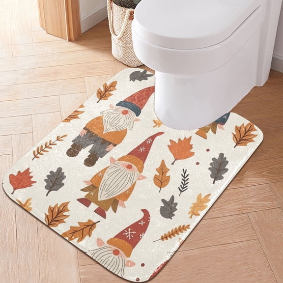 Toilet Rug U-Shaped Bathroom Rugs Non-Slip Soft Plush Machine Washable Contour Bath Mat Gnomes and Fall Leaf 24x20