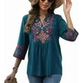 thumbnail image 5 of Grosy Womens Plus Size Tops 3/4 Sleeve V Neck Shirts Tunic Casual Floral Embroidered Loose Summer Fall Blouses Mexican Peasant Cotton Rayon Shirts-801/Green/2XL, 5 of 7