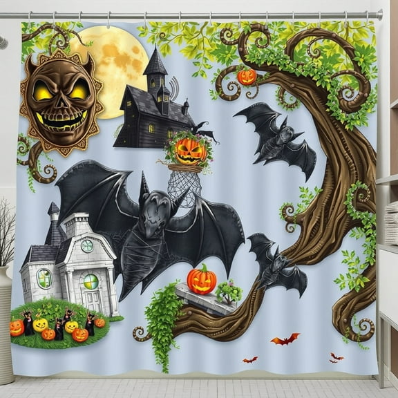Whimsical Halloween Shower Curtain - Spooky, Full Moon, Bats Lanterns - Gothic Decor for Bathroom