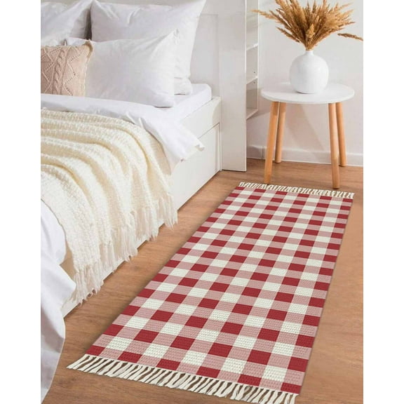 Farmhouse Red Plaid Hallway Runner Rug 2x5ft,Rustic Red White Checkered Washable Woven Living Room Bedroom Kitchen Bathroom Carpet with Tassels,Indoor Outdoor Throw Door Mat for Entryway