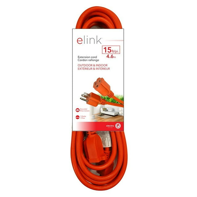 Elink - Rallonge Électrique d'Extérieur à 1 Prise, Longueur de 15 Pieds, Orange