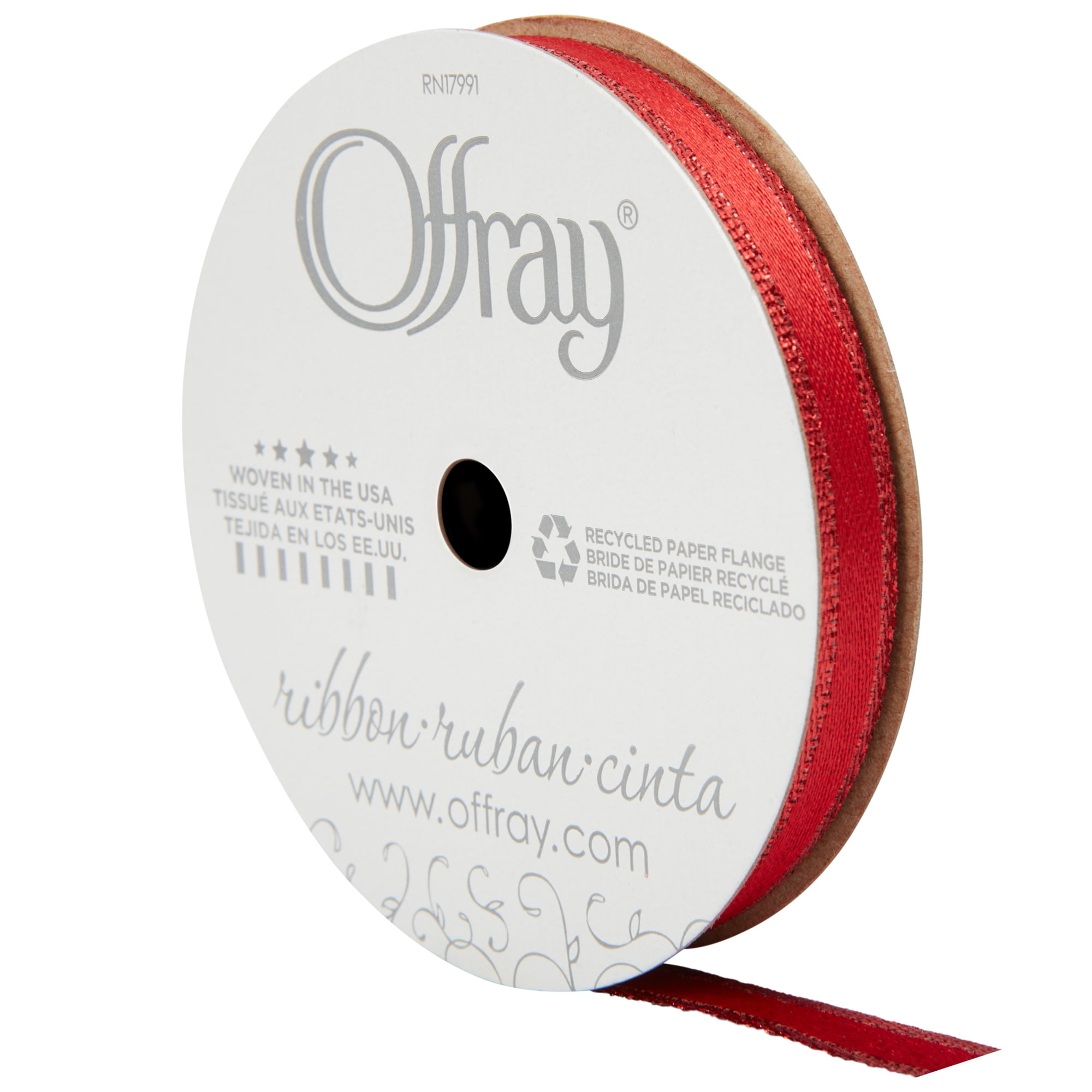 (3 pack) Offray Ribbon, Red 3/8 inch Metallic Ribbon for Wedding, Crafts, and Gifting, 9 feet, 1 Each