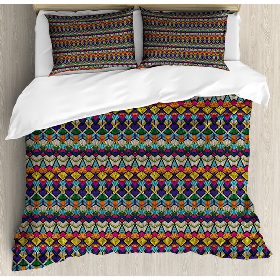 Geometric Duvet Cover Set Queen Size, Retro Eighties Design Vibrant Color Scheme Geometrical Lines Half Circles Vintage, Decorative 3 Piece Bedding Set with 2 Pillow Shams, Multicolor, by Ambesonne