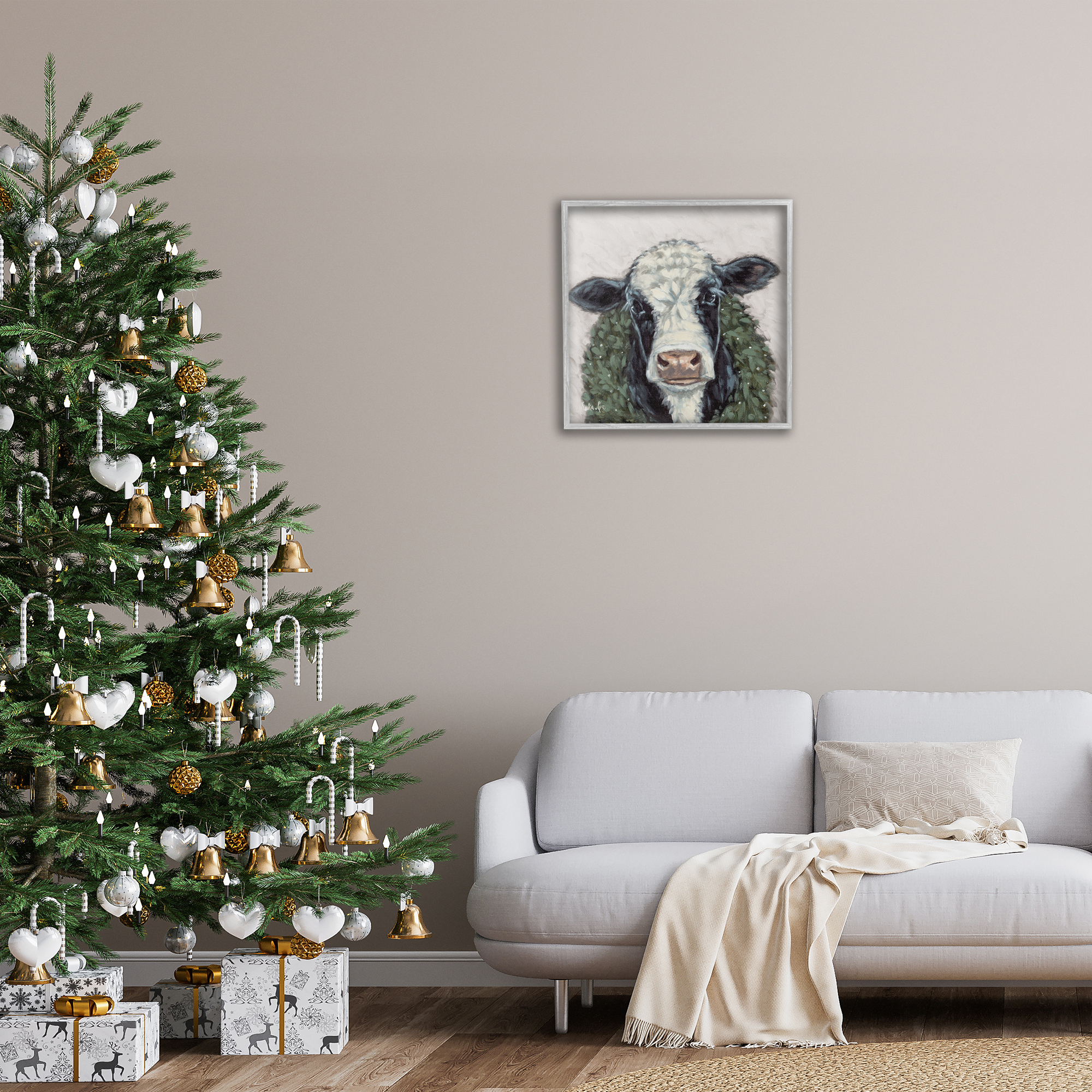 Stupell Industries Spotted Cow with Wreath Holiday Painting Gray Framed Art Prints Wall Art, 24 x 24