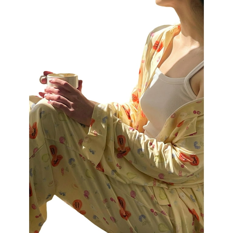 Strawberry Print Pajama Set, Long Sleeve Buttons Top & Elastic Waistband  Pants, Women's Sleepwear & Loungewear