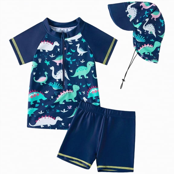 UngA Toddler Baby Boys' 3-Piece Swimsuit Set Short Sleeve Bathing Suit Baby Boy Rash Guard Swimwear with Sun Hat (Navy,18-24 Months)