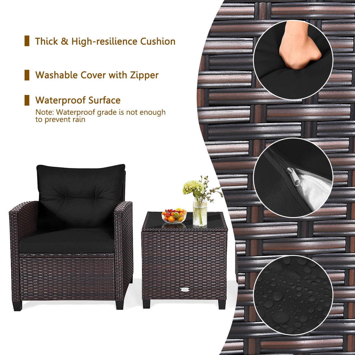 Patiojoy 3PCS Wicker Cushioned Conversation Set Outdoor Rattan Furniture w/Black Cushions