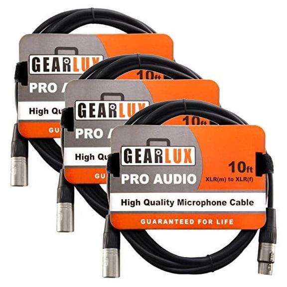 Gearlux XLR Microphone Cable Male to Female 10 Ft Fully Balanced Premium Mic Cable - 3 Pack
