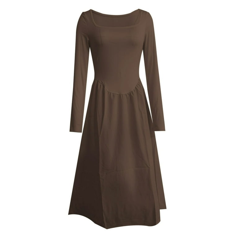 Elegant Square Neck Long Sleeve A-Line Midi Dress with Waist Tie for Women   Casual Summer Day Dress 2025 - Walmart.com