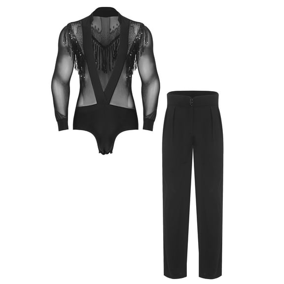 iiniim Men's Cha Cha Rumba Latin Jazz Dance Costume V Neck Sequin Tassel Leotard with Straight Leg Trousers Black M