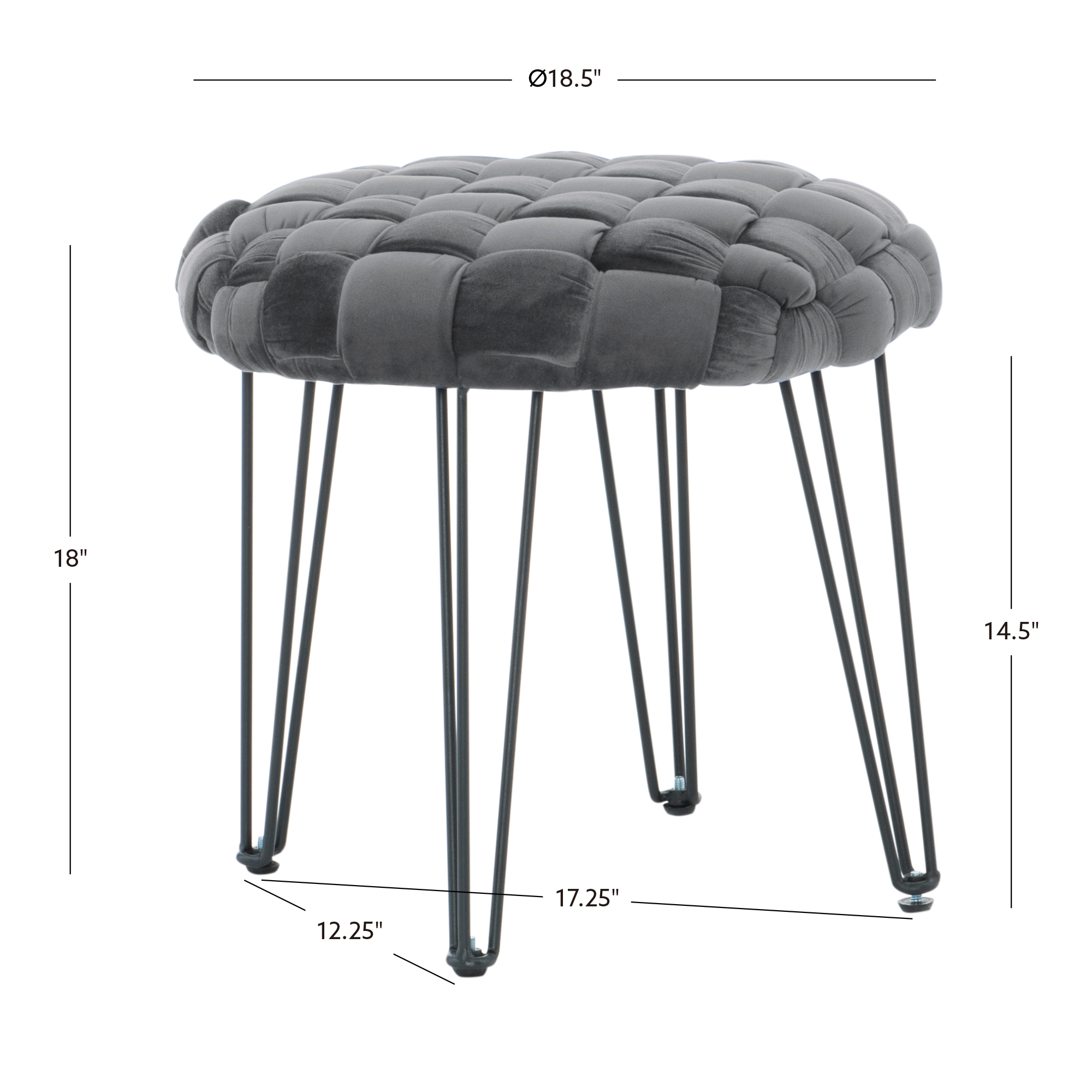 Powell Anya Round Handwoven Velvet Ottoman with Hairpin Legs, Gray