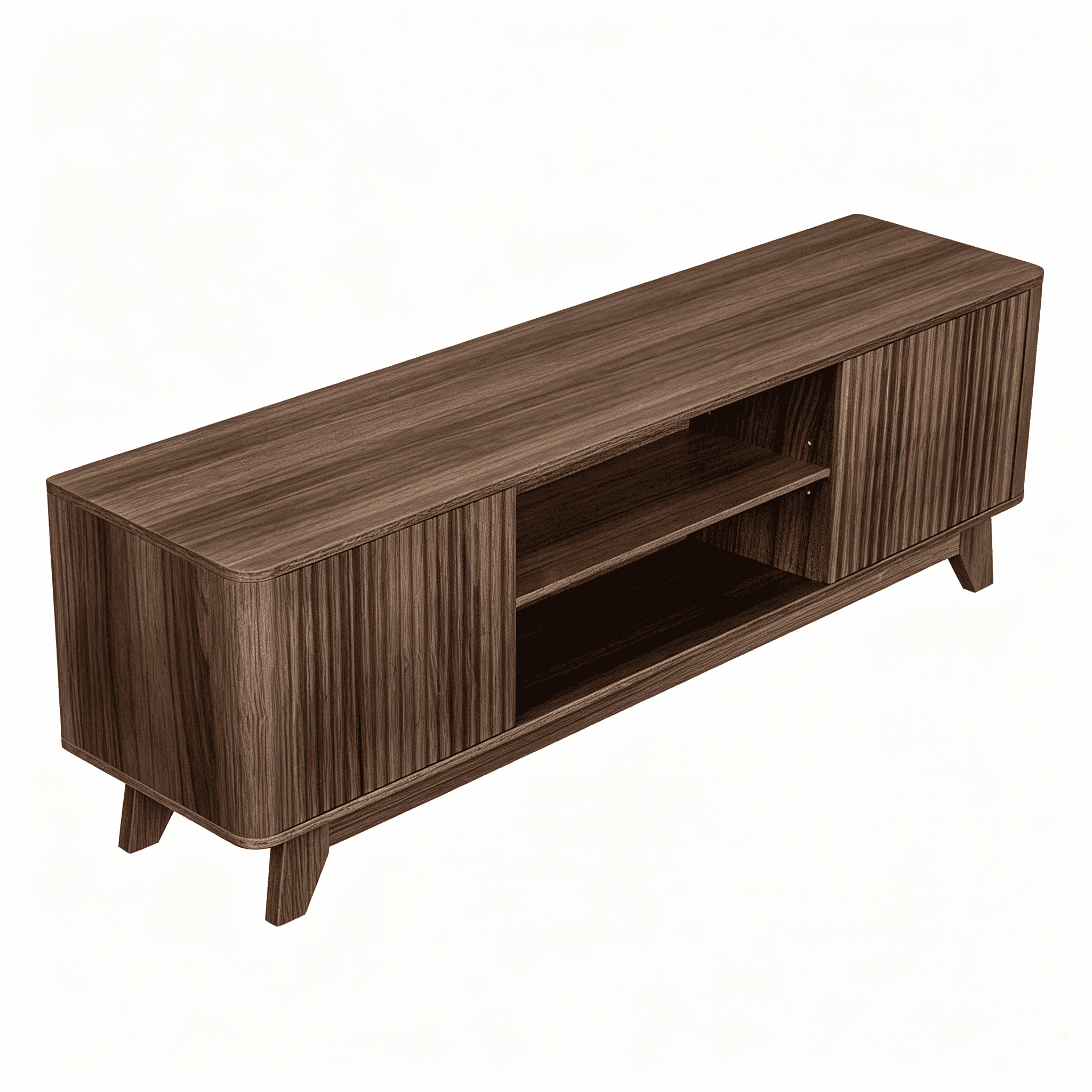 Wood Fluted TV Stand for TVs up to 70 Inch, Mid Century Modern Low Profile TV Console Cabinet with Adjustable Open Storage Shelves & Double Slatted Cabinet Doors