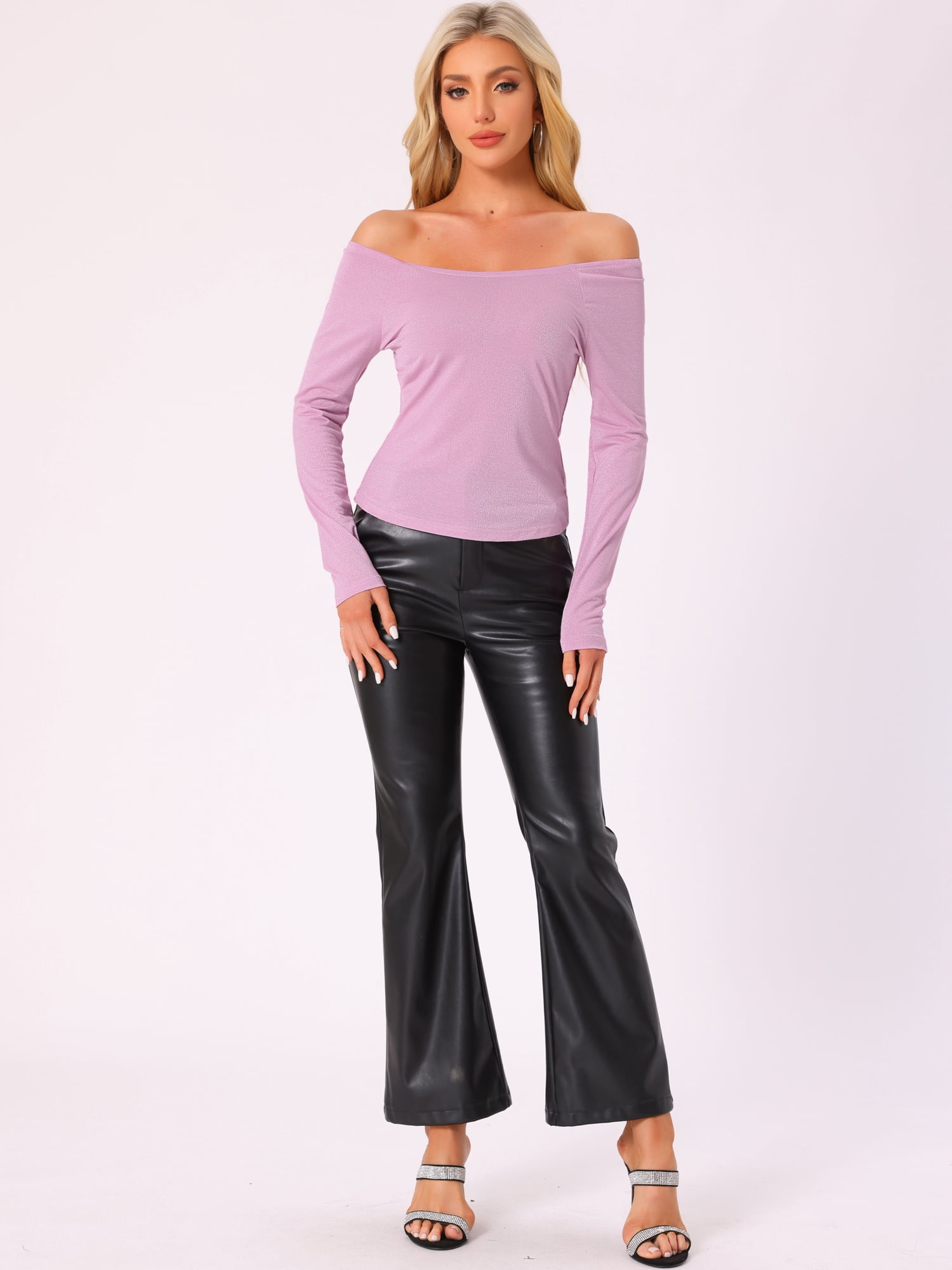 DARING DIVA Women's Slim Fit Glitter Round Neck Crop Top L Pink