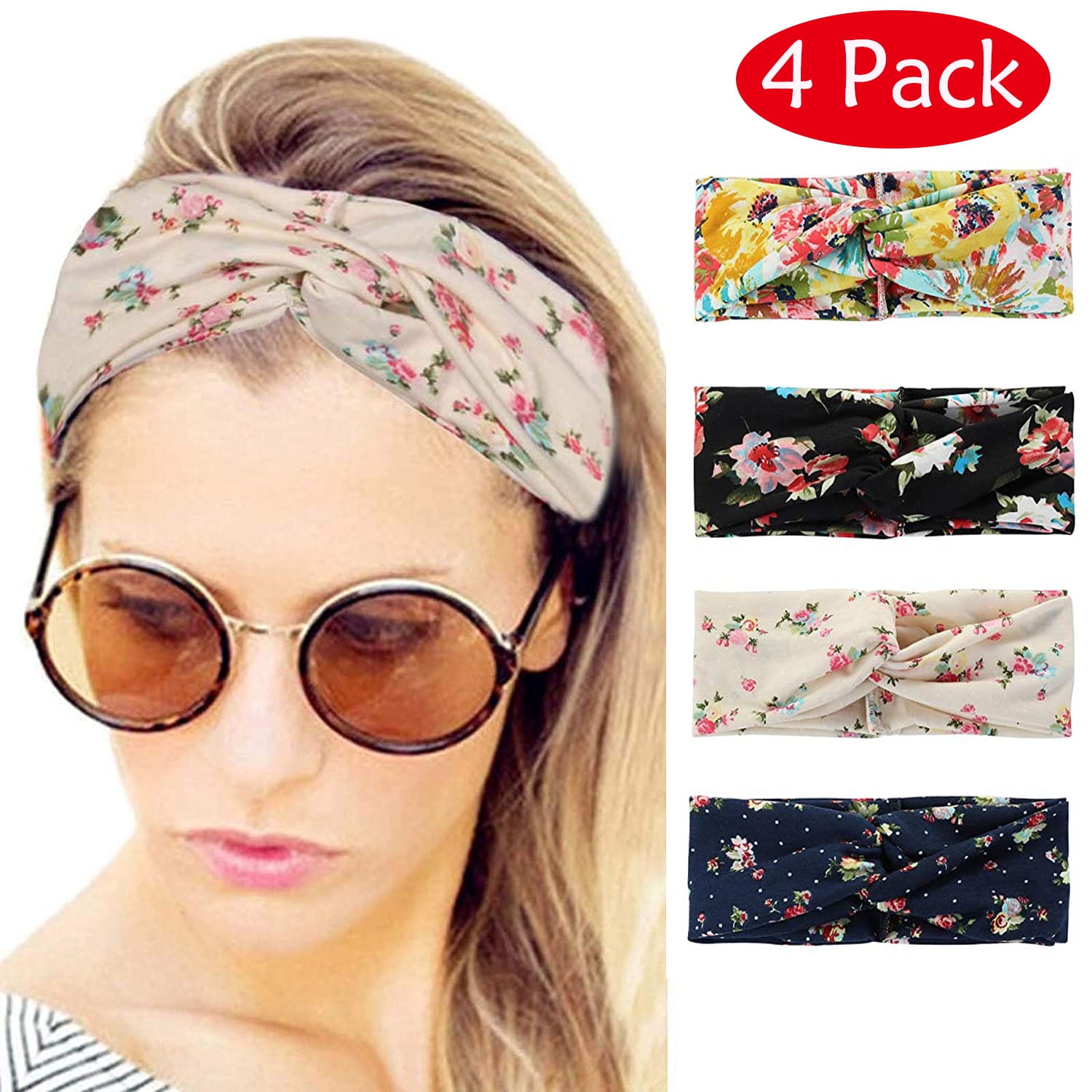 MoKo Headbands for Women 6 Pack Cute Floral Cross Headwrap for Yoga Gym Workout
