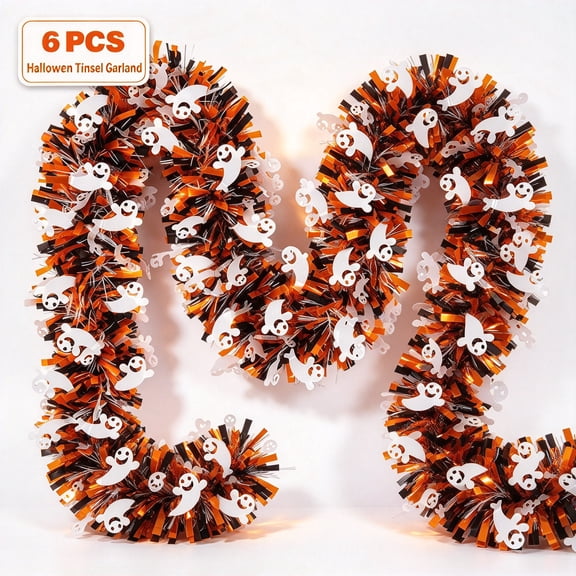 Halloween Tinsel Garland, Flexible Tinsel Garland for Halloween Wall Decor, Holiday Party Garlands for Decoration, 6.56Ft × 6Pcs