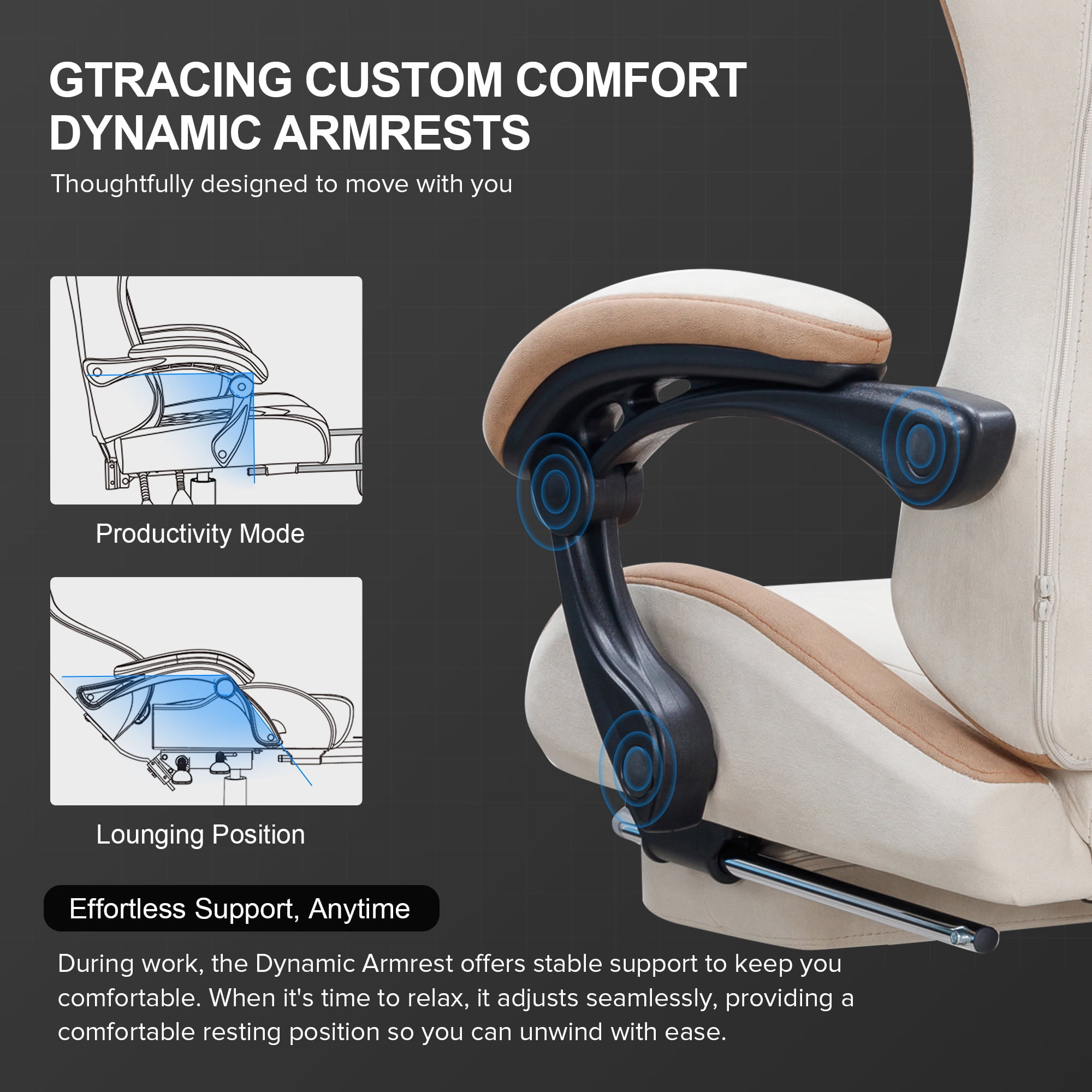 GTRACING Ergonimic Fabric Reclining Gaming Chair with Footrest and Linkage Armrests, Tan