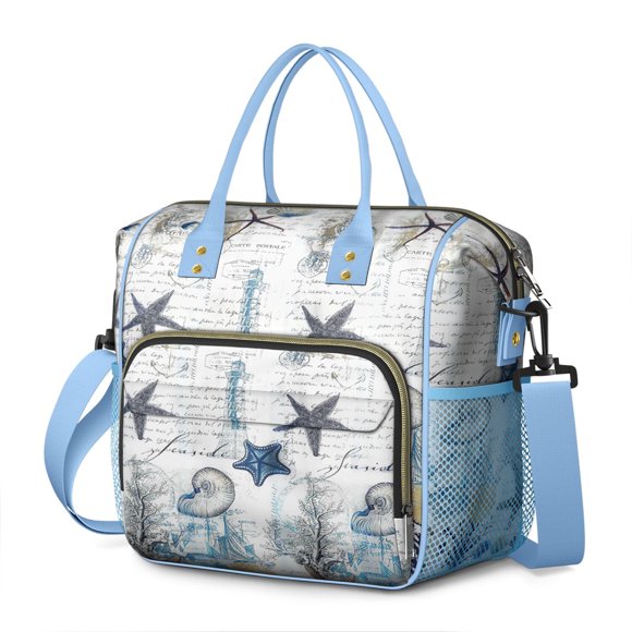 Sac à Lunch Thème Marin Nautique, Grand Sac Isolé Étanche avec Étoile de Mer, Hippocampe et Motif Océan Vintage, Idéal pour les Voyages d'Été