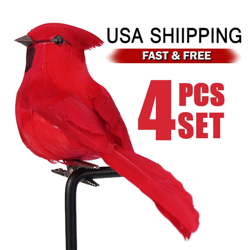 4x Clipon Mini Fake Birds Red Bird Christmas Tree Ornaments Festival Xmas Decor