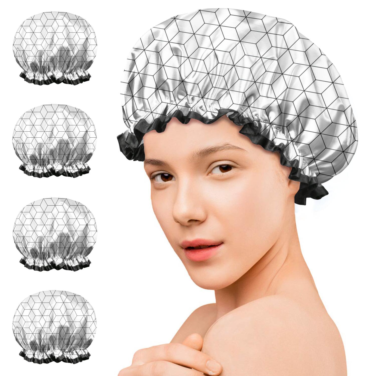 Shower Caps,Black White Checkerboard Checkered Pattern Waterproof Shower Cap for Women 4 Pieces,Double Reusable Hair Cover for Shower PEVA Elastic Stretch Hem