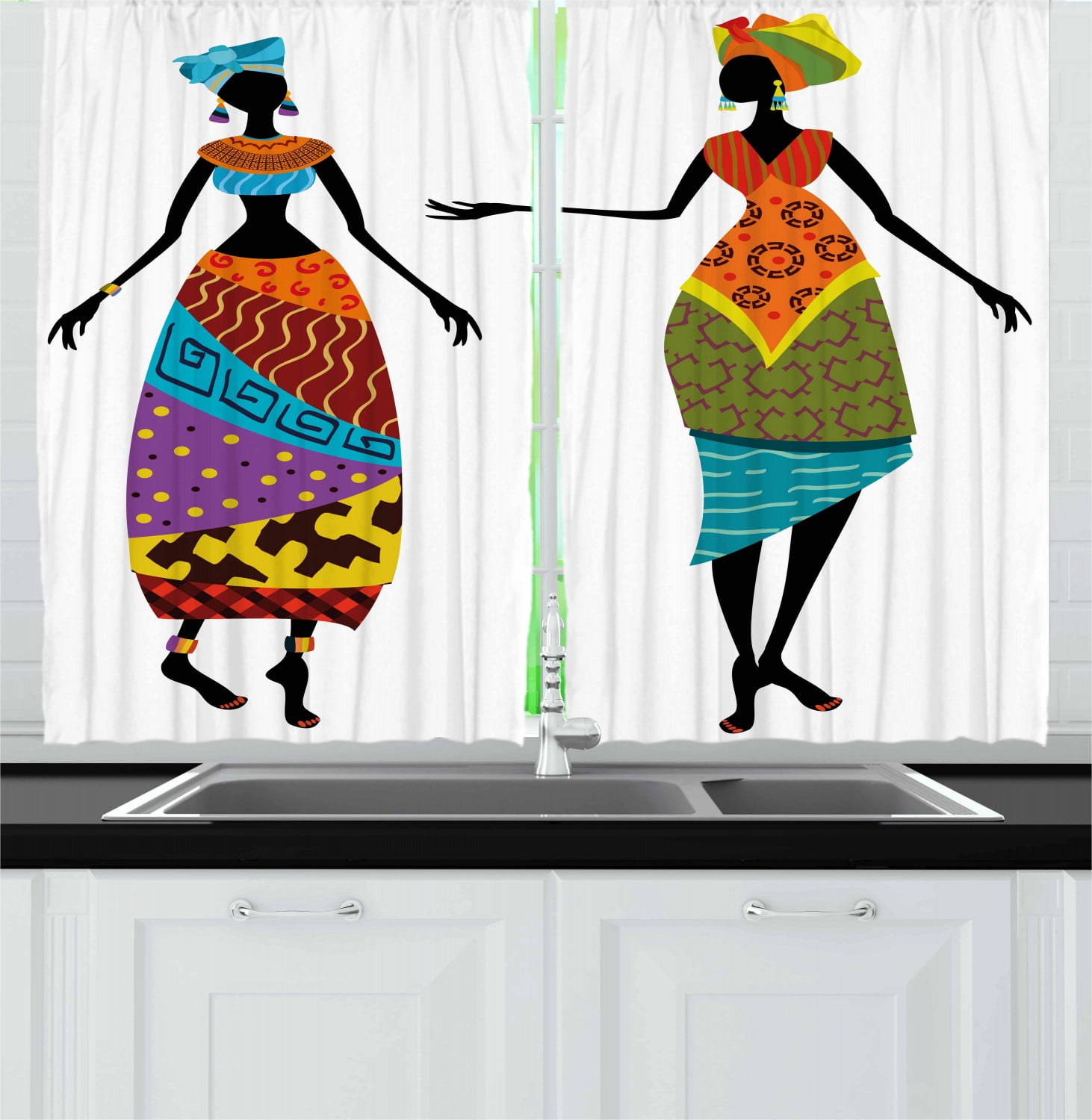 African Woman Curtains 2 Panels Set, Tribal Ladies in Traditional Costume Silhouettes Ethnicity Vintage Display, Window Drapes for Living Room Bedroom, 55W X 39L Inches, Multicolor, by Ambesonne