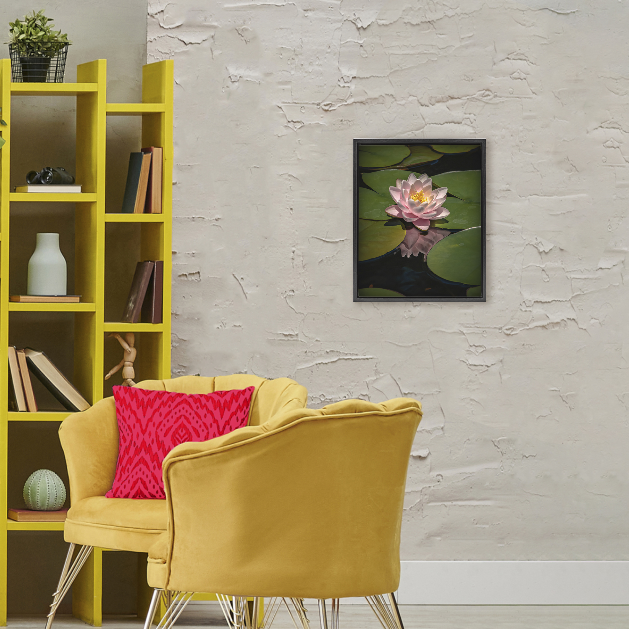 Pink Lotus Among Lily Pads Black Framed Floater Canvas Wall Art, design by Phillip Flowers