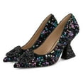 thumbnail image 3 of YDN Women Rhinestone Studded Buckle Pumps Slip On Crystal Chunky High Heels Closed Pointed Toe Office Shoes Size 7 Multi Paillette, 3 of 4