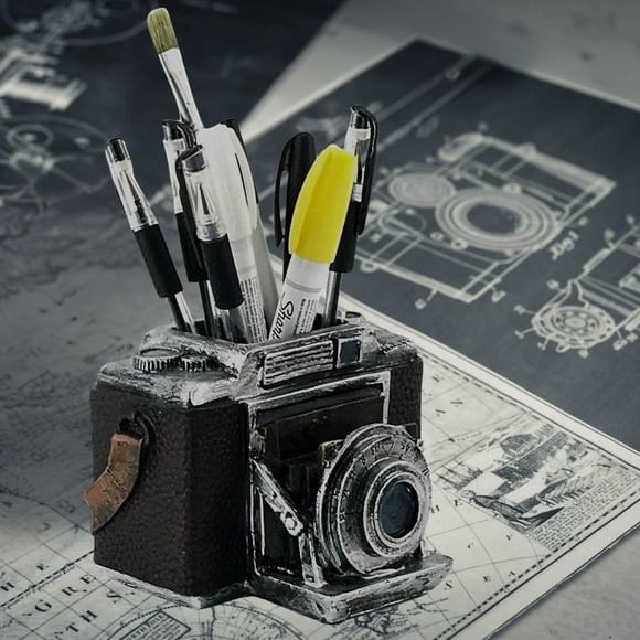 Bellaa 24094 Camera Pen Pencil Holder Cup Office Retro Antiques Desk Organizer Rustic Shabby Chic Bookends Bookshelf Book Support Vintage Old World Decor 6 inch