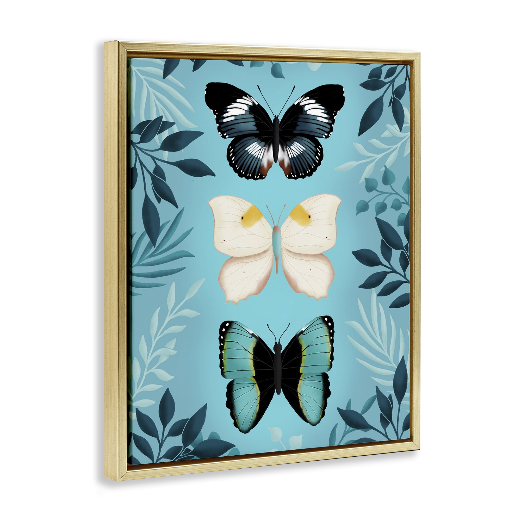 Stupell Industries Three Exotic Blue Butterflies Gold Framed Floater Canvas Wall Art, design by Metka Hiti
