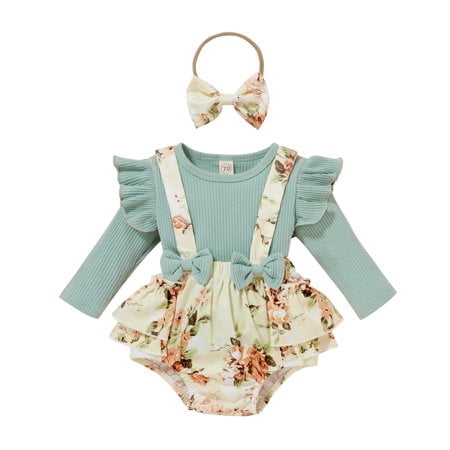 

Viworld Infant Baby Girl Floral Clothes Long Sleeve Ruffle Ribbed Tops T-Shirt and Suspender Shorts with Headband Outfits Set (Green 18-24M)