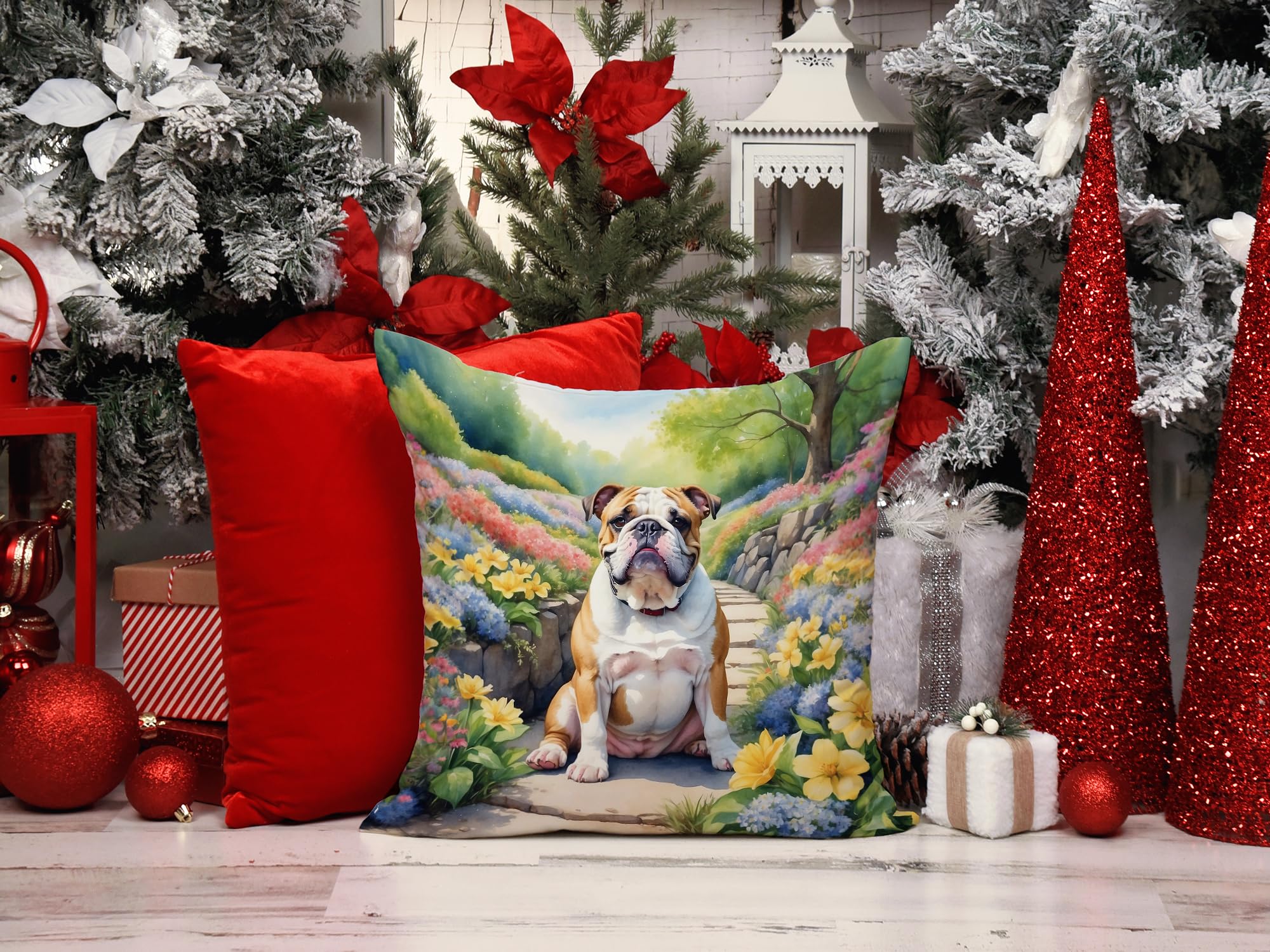 English Bulldog Spring Path Throw Pillow 14 in x 14 in