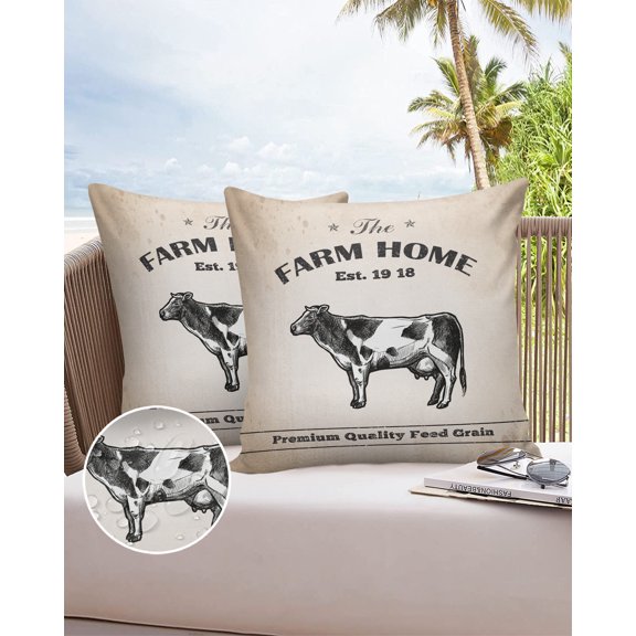 Outdoor Throw Pillow Cover Vintage Farm Cow Animal Waterproof Cushion Covers 2 Pack Rustic Black Cattle Pillow Cases Home Decoration for Patio Garden Couch Sofa