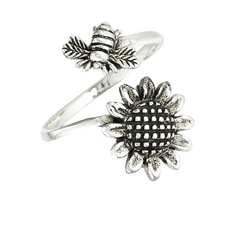Gemstone Sterling Silver Flower Ring - Open Adjustable Bee Sunflower Flower Thumb Ring ( Sizes 6 7 8 9 10 ) Sterling Silver Band Rings by Sac Silver (Size 7)