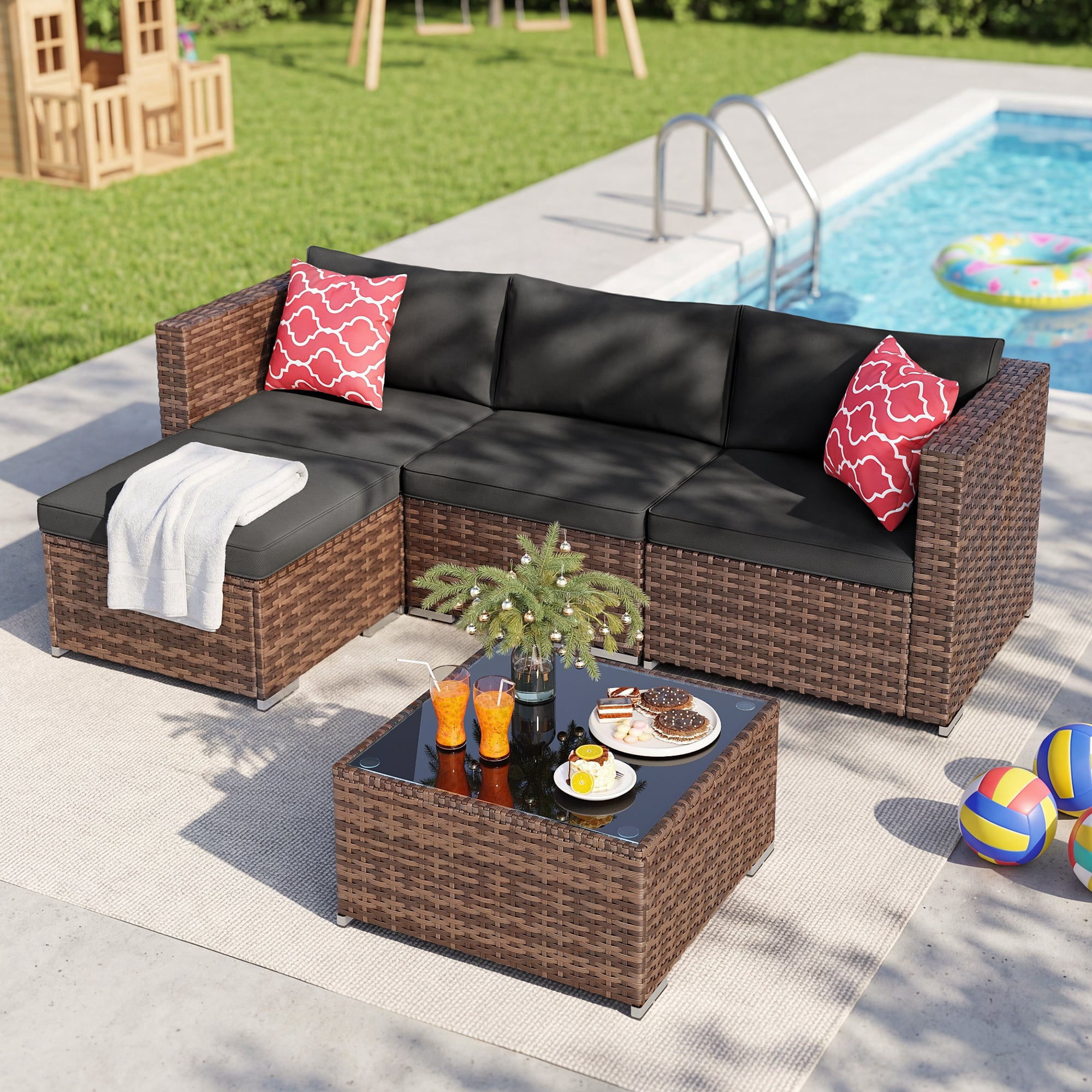5 PCS Wicker Patio Furniture Set, PE Rattan Outdoor Sectional Sofa with Beige Cushions and Glass Coffee Table, for Backyard, Porch, Poolside & Garden - Brown Rattan, Black Cushion