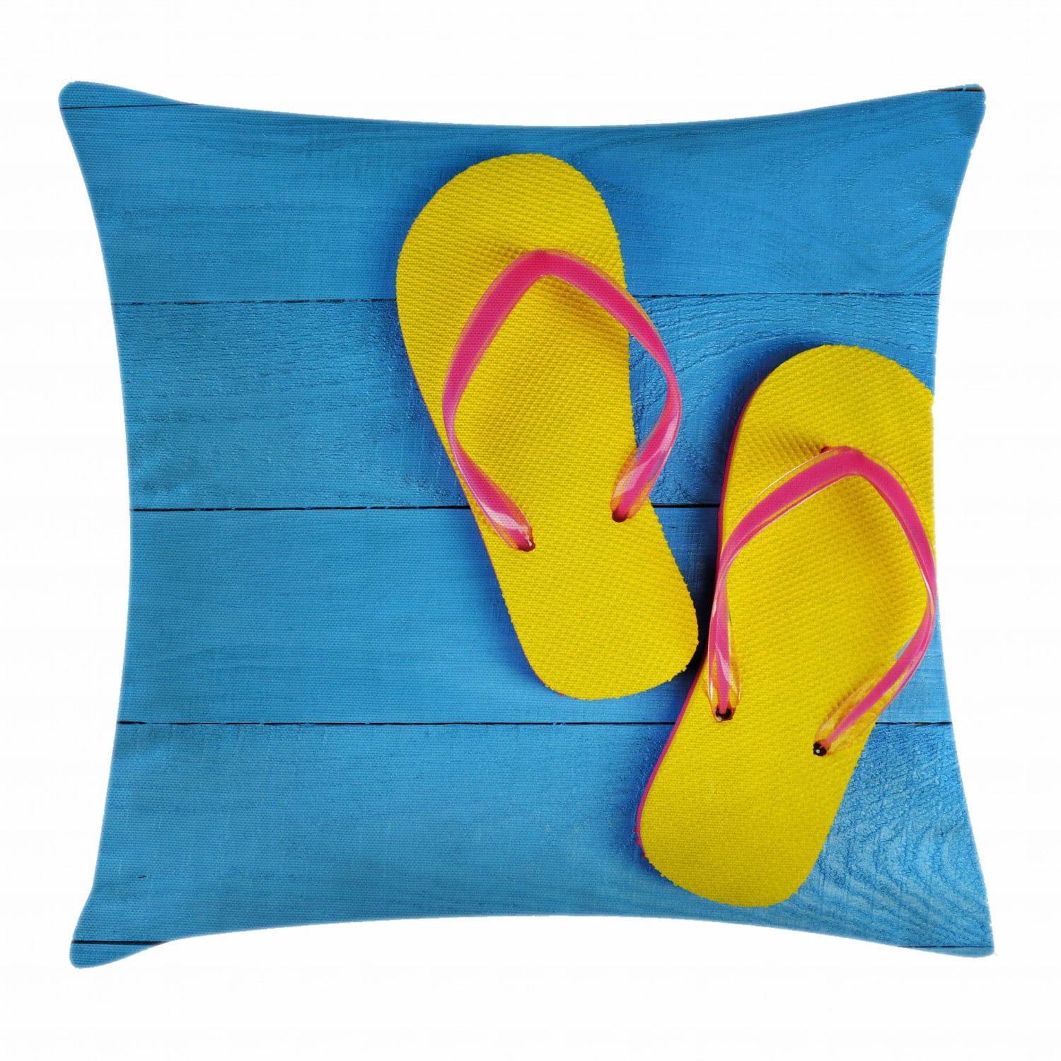 Yellow and Blue Throw Pillow Cushion Cover, Flip Flops on Wooden Pier Cheerful Holiday Travel