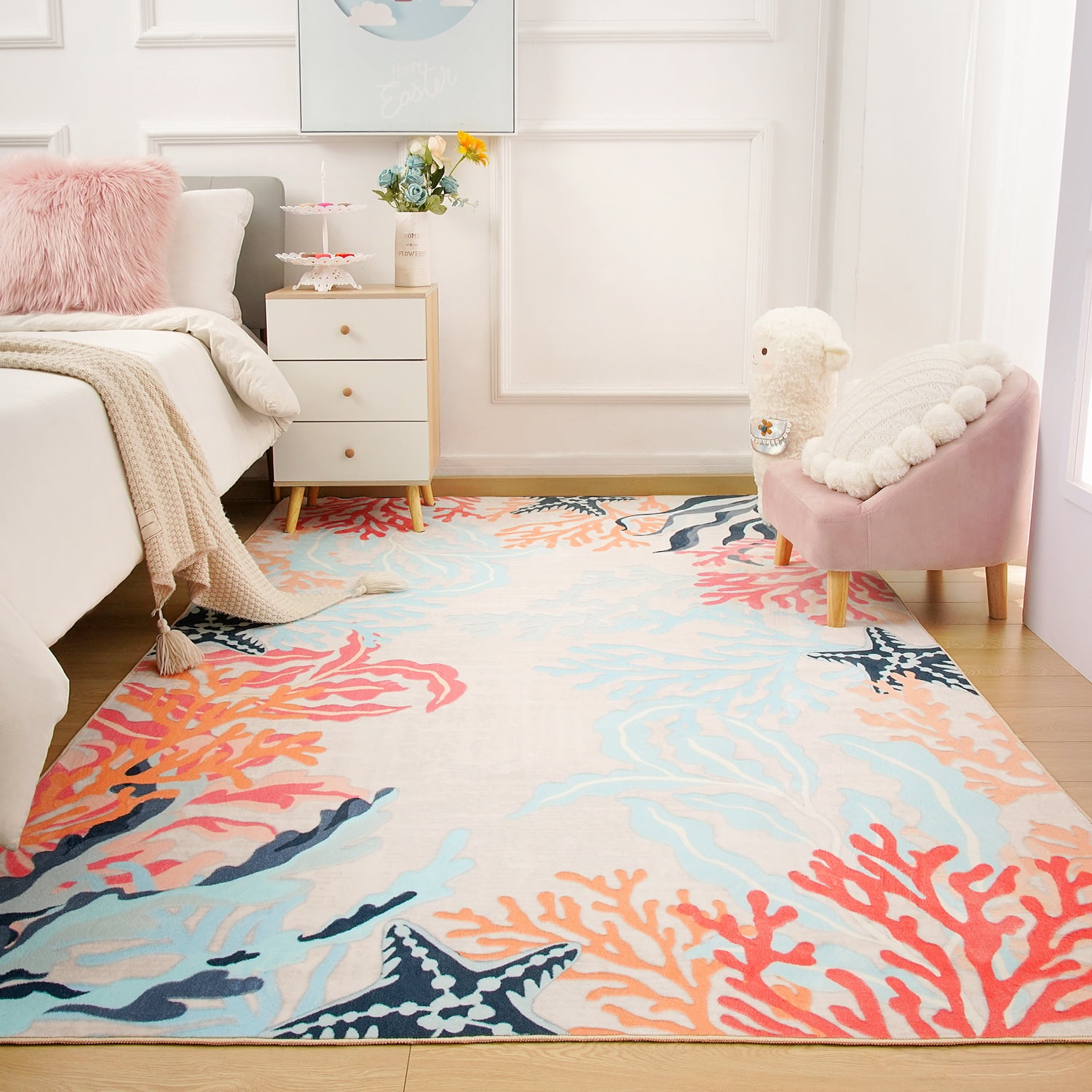 Arogan Coral Ocean Art Rug for Living Room, Bedroom and Children's Room, Beige, 5' x 8'