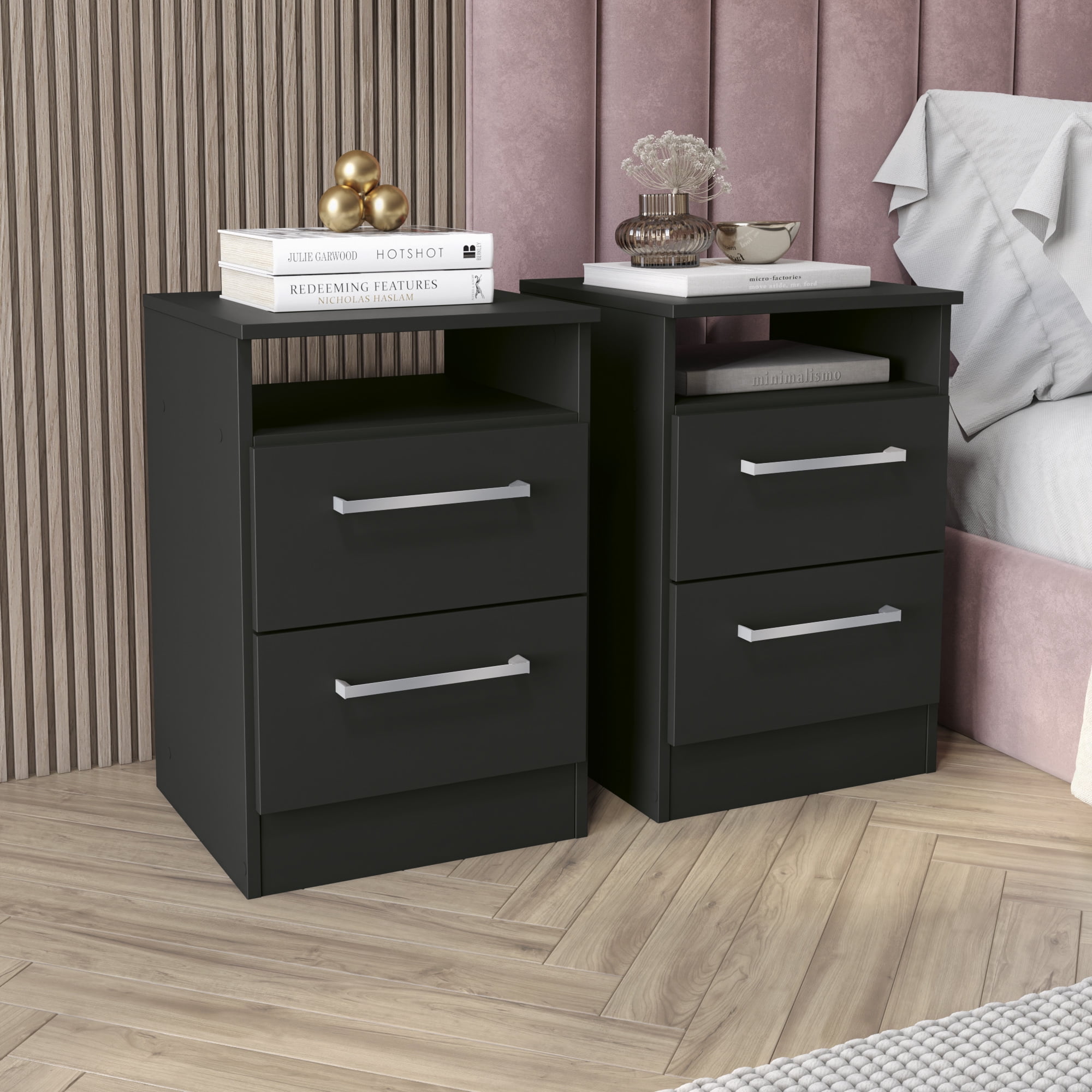 Kappesberg Miami 2-Piece Modern Black Nightstand Set with Drawers and Open Shelf - for Adults and Teens