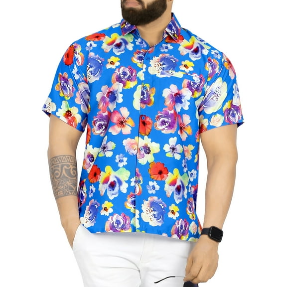 LA LEELA Men's Short Sleeve Summer Beaches Hawaiian Shirts Stylish Beach Tops Vacation Cruise Button Down Shirt For Men XL Floral Art, Blue