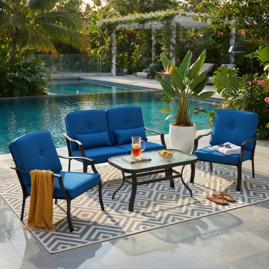 Hommoo Outdoor Loveseat Set with Black Metal Frame, Cushions & Tempered Glass Coffee Table, Patio Seating for Backyard, Poolside & Balcony, Navy