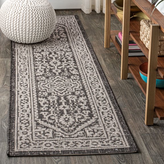JONATHAN Y SANTA MONICA 2 x 10 Runner Rug, Sinjuri Medallion Textured Weave - Gray/Black, SMB101D-210