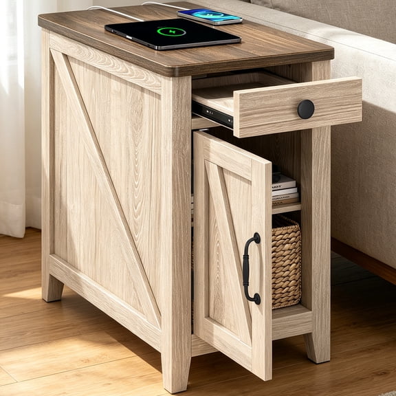 Farmhouse End Table with Charging Station, Narrow Nightstand for Living Room, Small Wooden Sofa Side Table, Bedside Table with Drawer and Storage Cabinet, Wood Night Stand