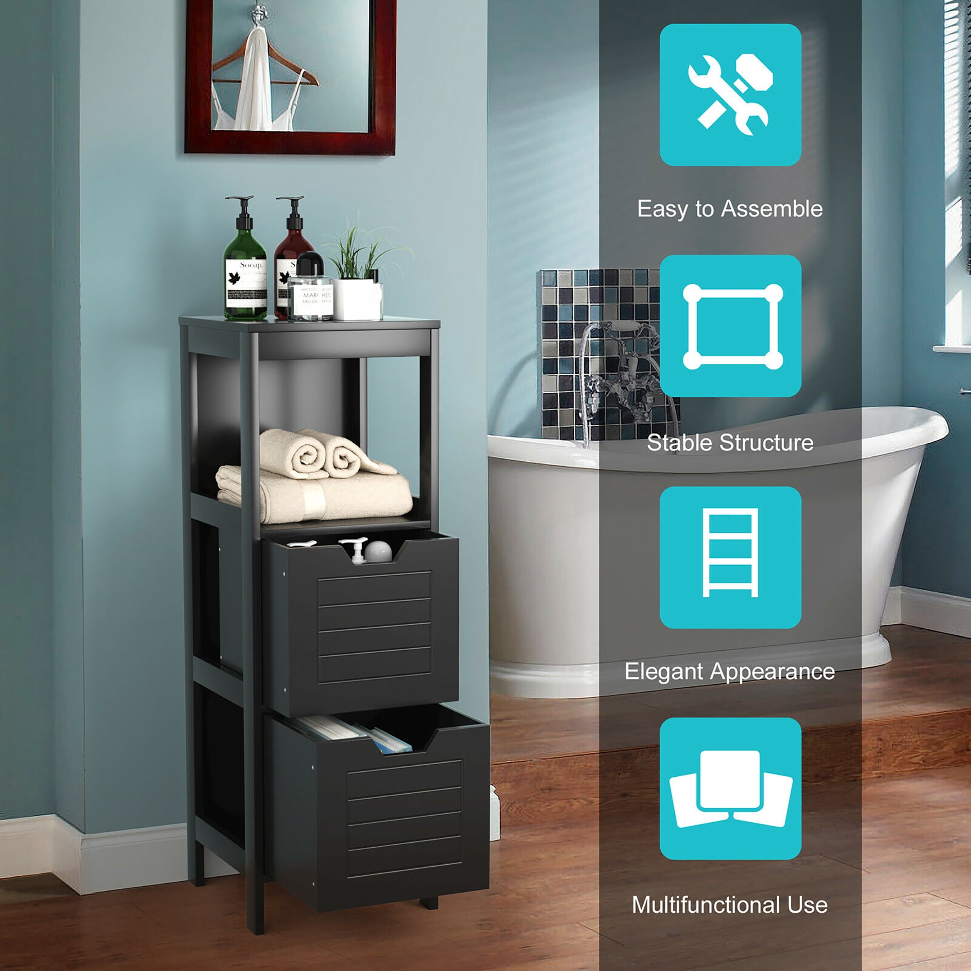 Costway Bathroom Wooden Floor Cabinet Multifunction Storage Rack Stand Organizer Black