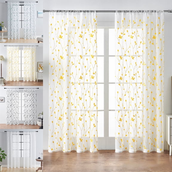 FEOLGEHLY 1PC Vintage Romantic Embroidered Leaf Sheer Curtains, Large Size Semi Sheer Light Filtering Window Drapes, Easy Install, for Bedroom Living Room Bathroom, Apartment 54 x 63 in (White)