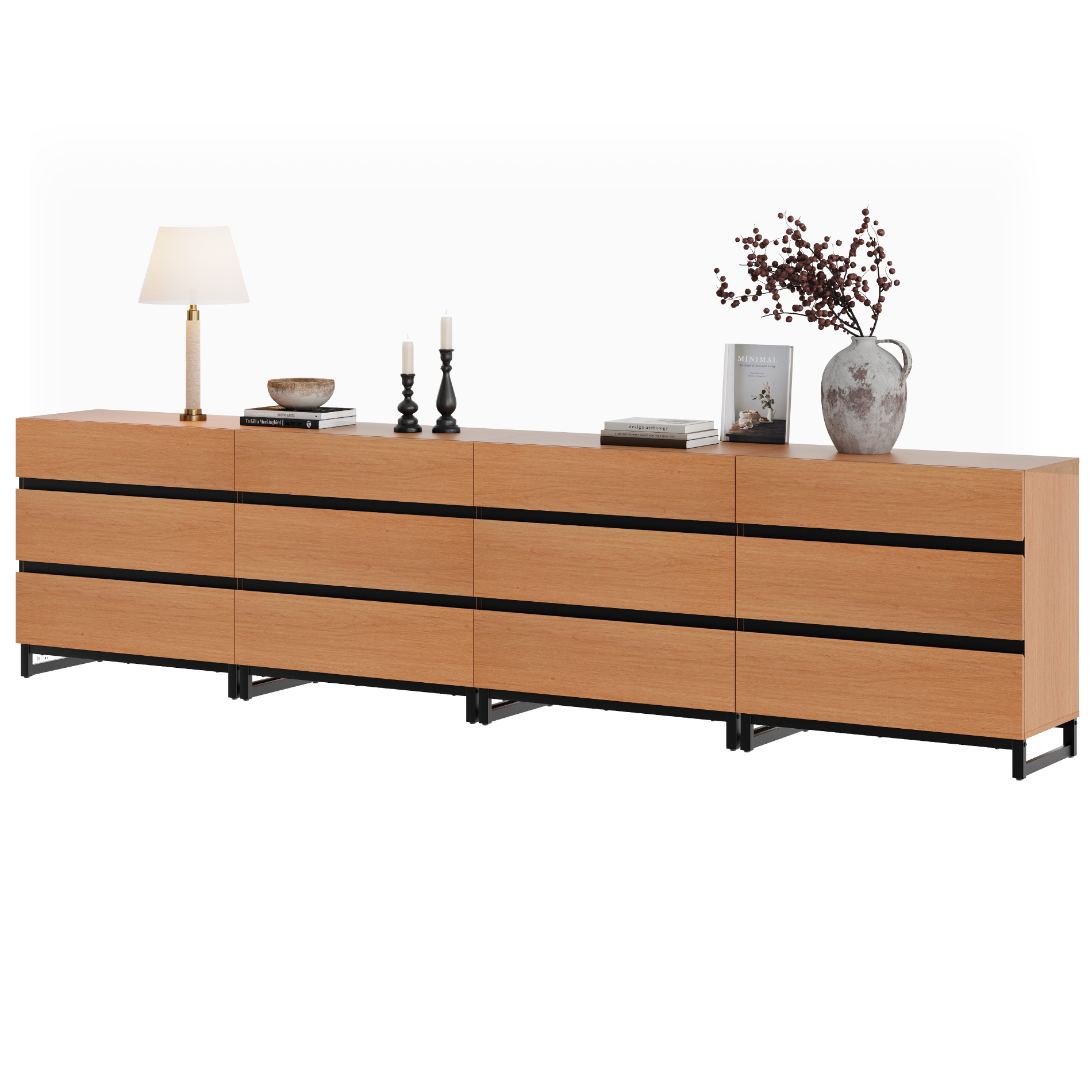 Modern Wood Dresser with 12 Drawers and Sturdy Metal Base, Multi-Functional Chest of Drawers Storage Organizer for Bedroom, Living Room, Hallway and Entryway, Mocha