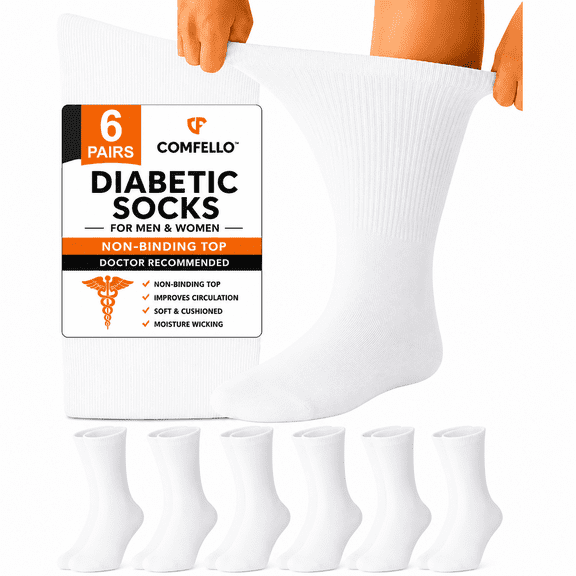 Comfello Diabetic Socks Crew for Men & Women – 6 Pairs of Non-Binding Moisture-Wicking Neuropathy Socks