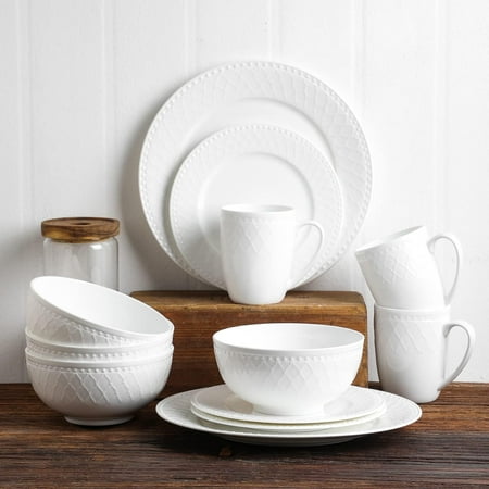 

ZCYH Lain Bone China Basket Weave Embossed Round 16 Piece Dinnerware Set White