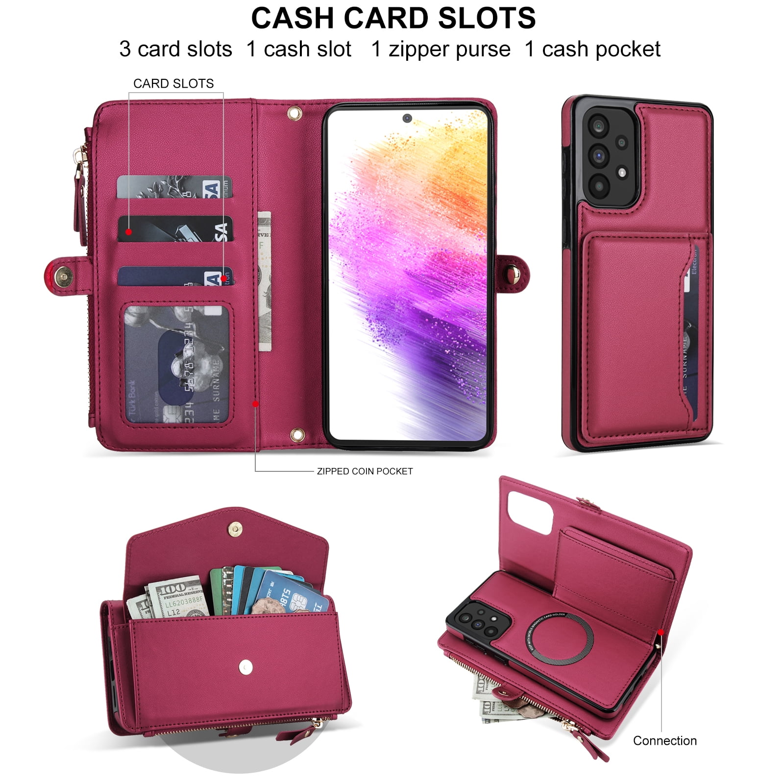 For Samsung Galaxy A54 5G Crossbody Wallet Phone Case,Magnetic Detachable Flip,With Shoulder Strap&Wrist Strap,Zipper Pocket,Card&Cash Slots,PU Leather Shockproof Rugged Phone Case,Red