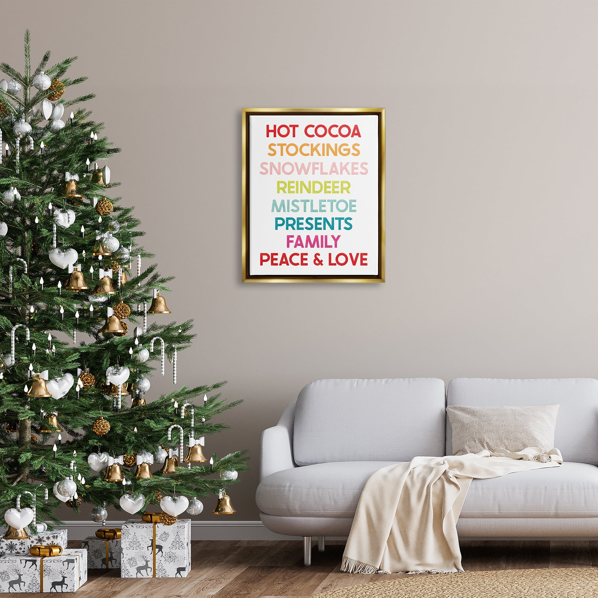Stupell Industries Peace & Love Rainbow Christmas List Holiday Painting Gold Floater Framed Art Print Wall Art