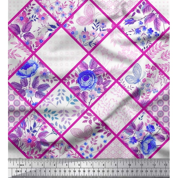Soimoi Silk Fabric Leaves,Floral & Check Patchwork Printed Fabric 1 Yard 42 Inch Wide